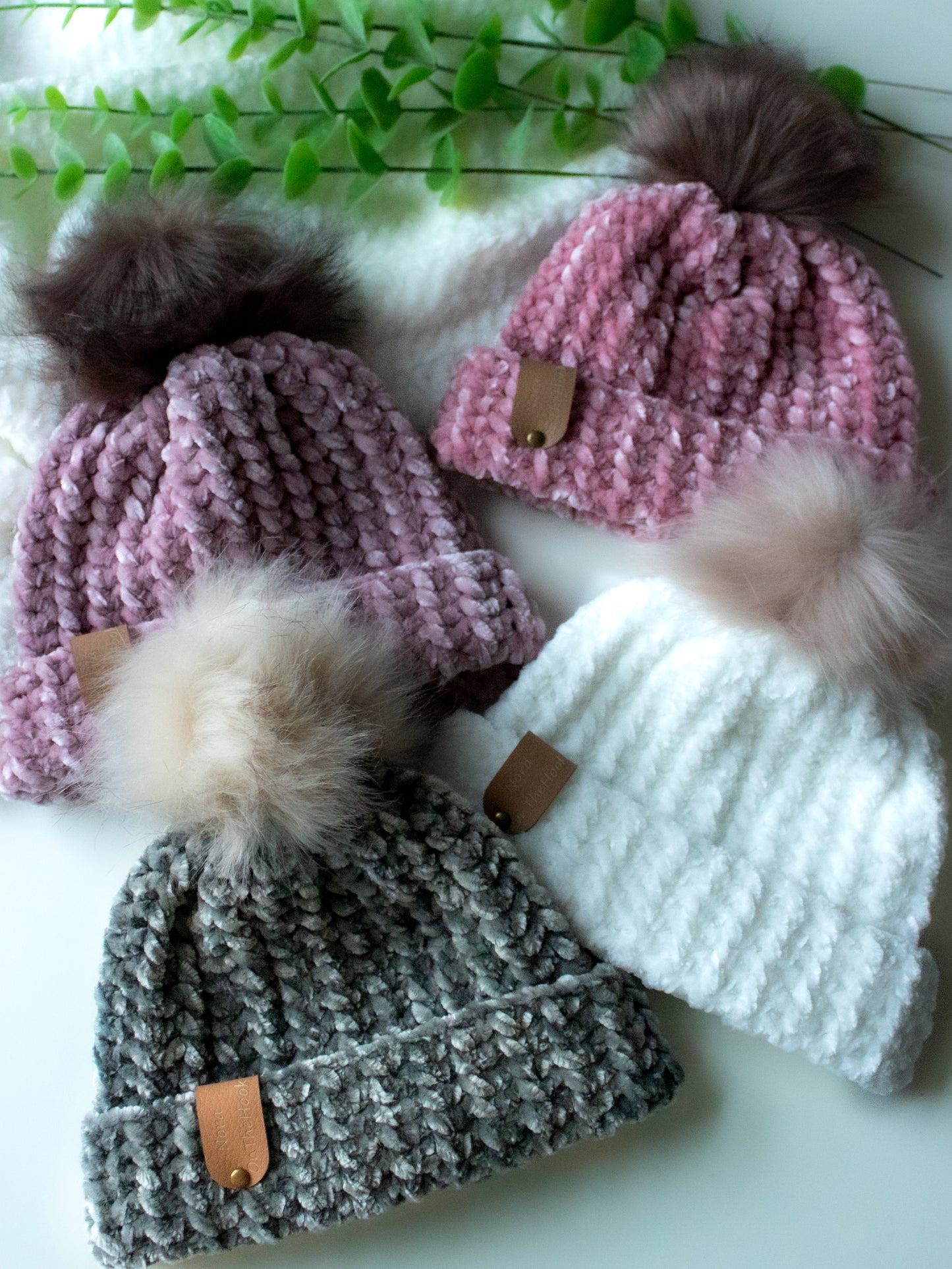 Velvet Baby Beanie with Pompoms