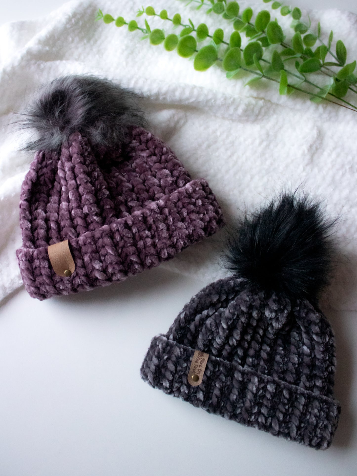 Velvet Baby Beanie with Pompoms